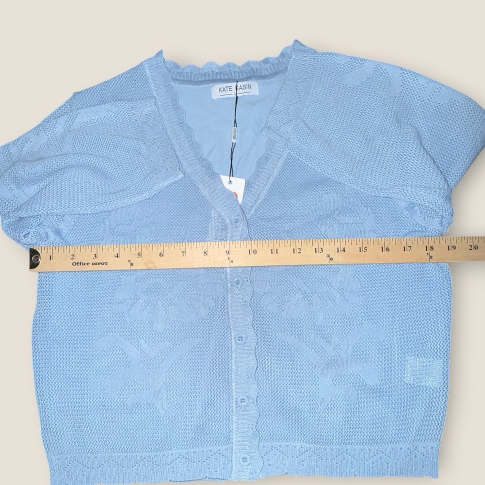 Kate Kasin Blue Knit Cardigan Sweater Womens L Button Front Cropped NWT - Picture 4 of 7
